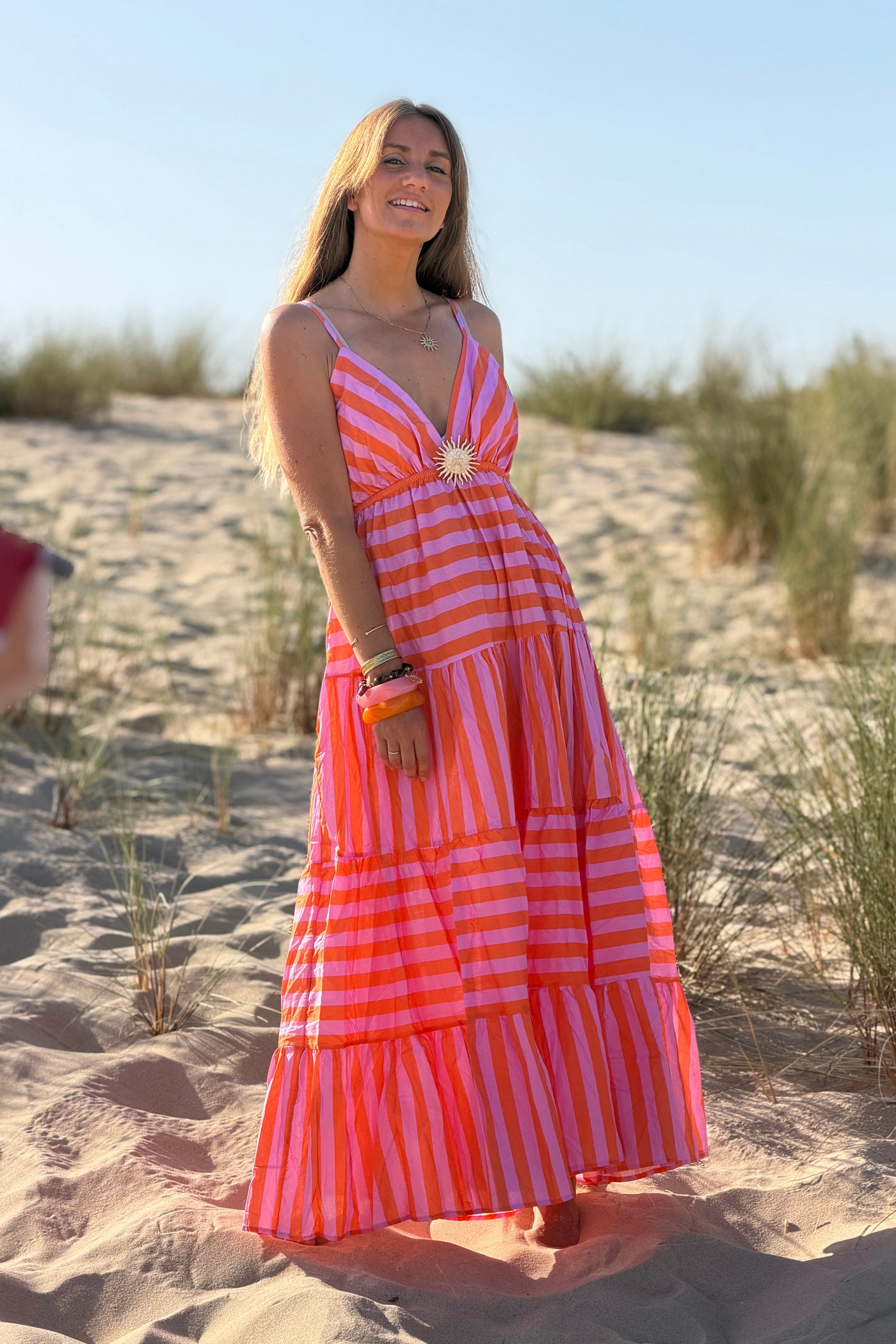 Orange Stripe Sun Brooch Maxi Dress
