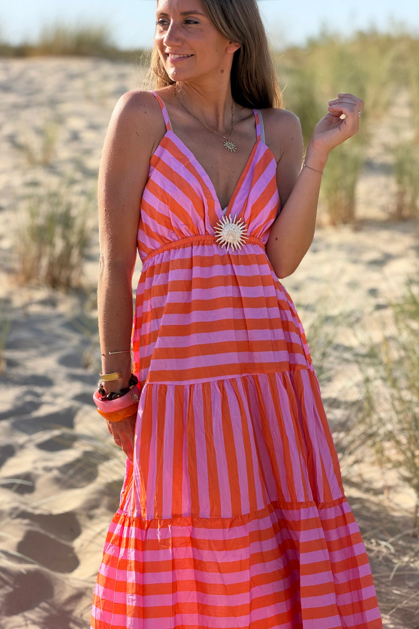 Orange Stripe Sun Brooch Maxi Dress
