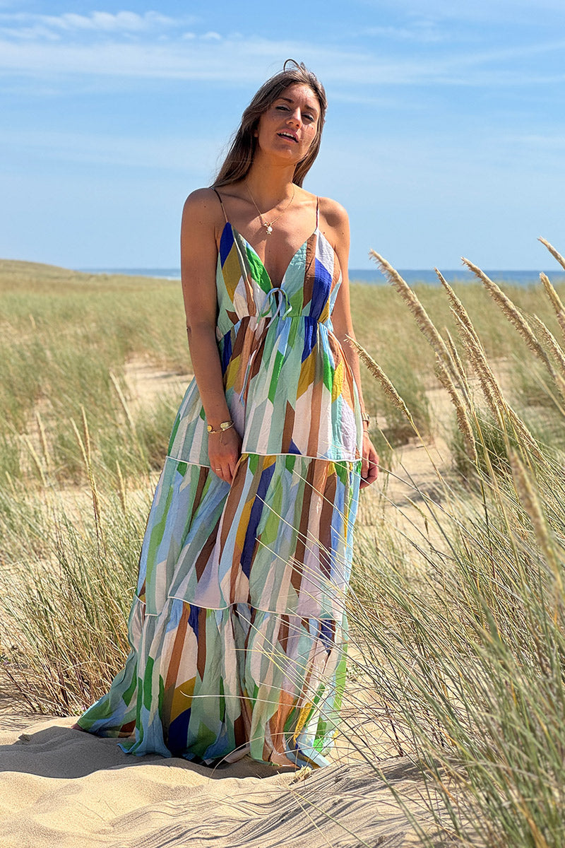Robe longue à bretelles imprimé graphiques tons verts dos nu