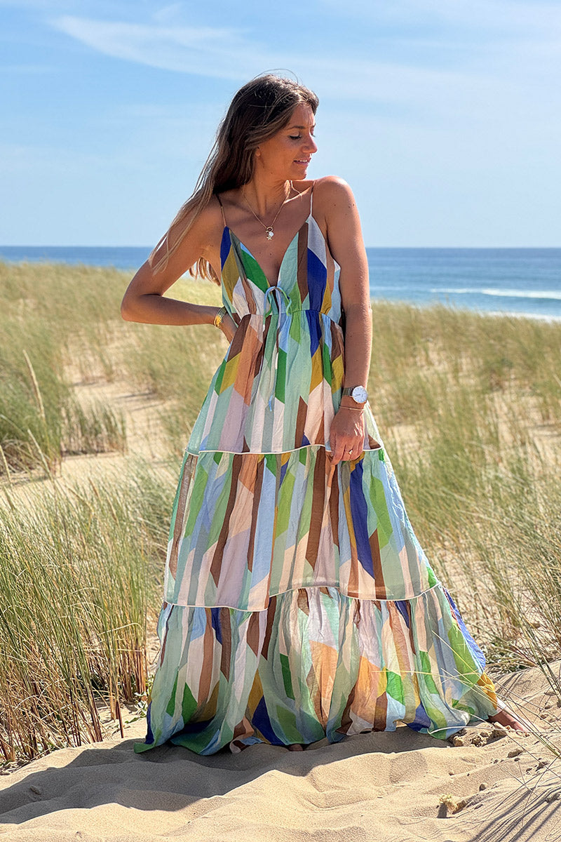Robe longue à bretelles imprimé graphiques tons verts dos nu