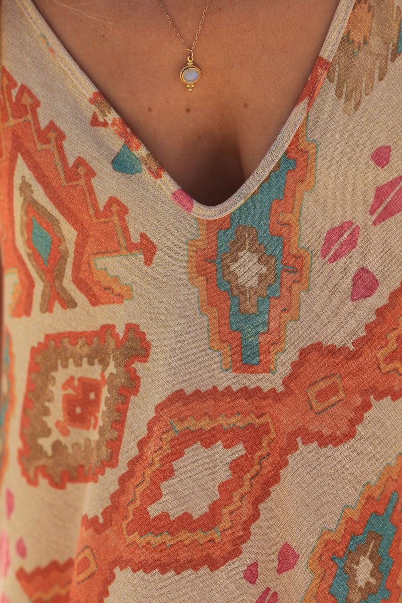Beige metallic maxi dress with terracotta aztec print