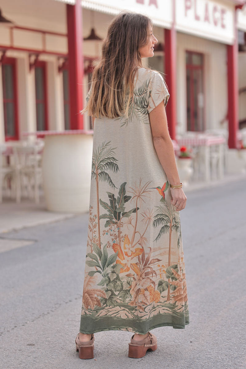 Olive Tropical Escape V-Neck Maxi Dress