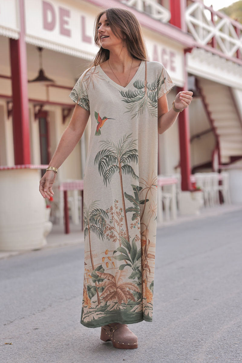 Olive Tropical Escape V-Neck Maxi Dress