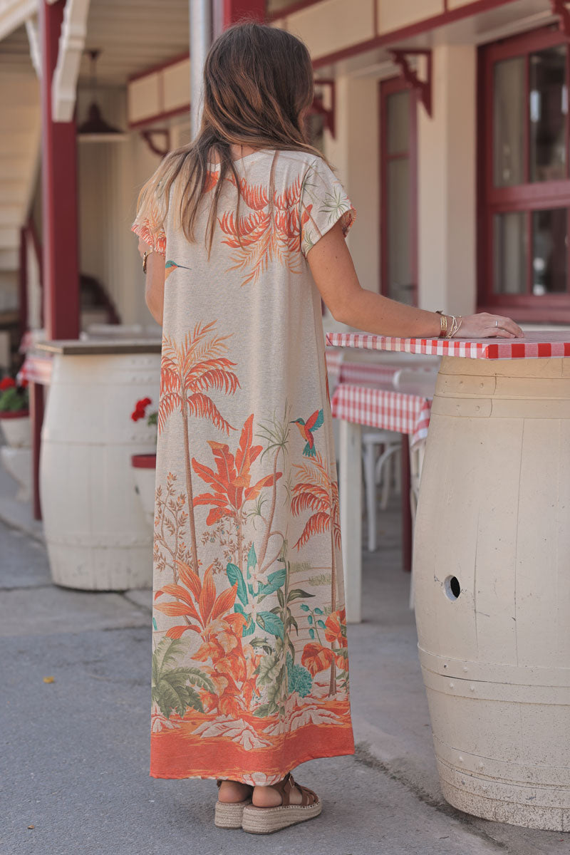 Orange Tropical Escape V-Neck Maxi Dress
