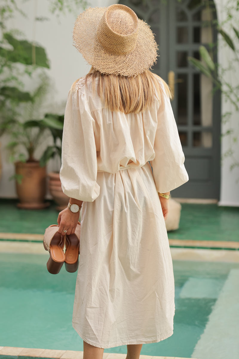 Beige midaxi shirt dress with smocked panel and fabric belt