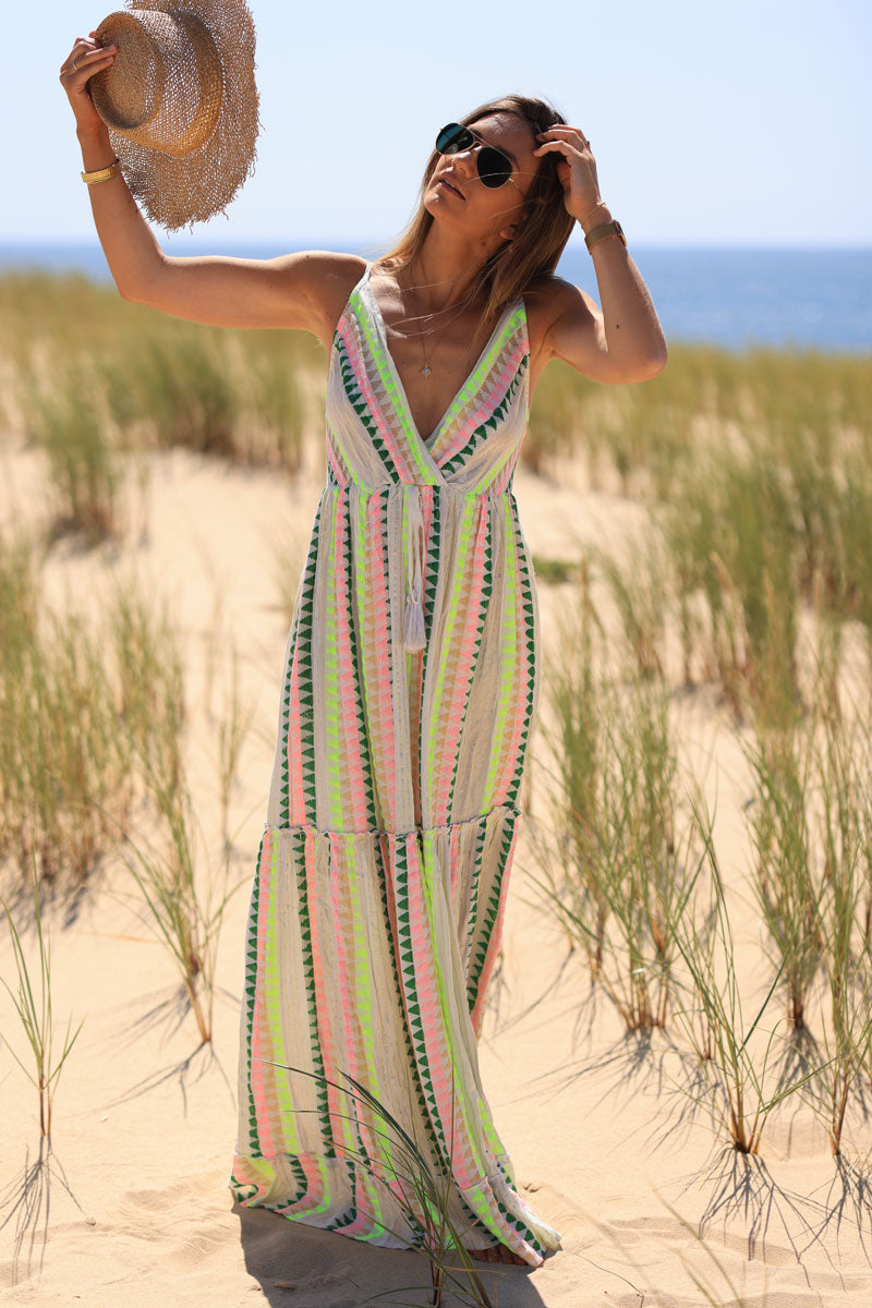 Off-white V-neck strappy maxi dress with ethnic style threading