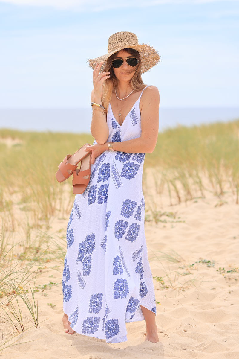 White crinkle cotton gauze maxi dress with royal blue paisley and lys print