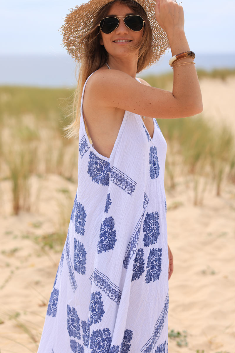 White crinkle cotton gauze maxi dress with royal blue paisley and lys print