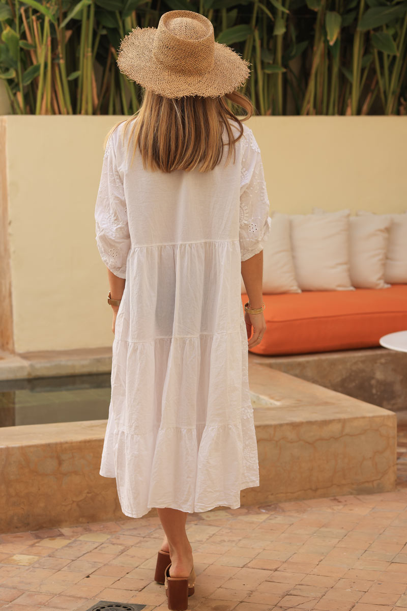 White cotton button through midi dress with paisley embroidery