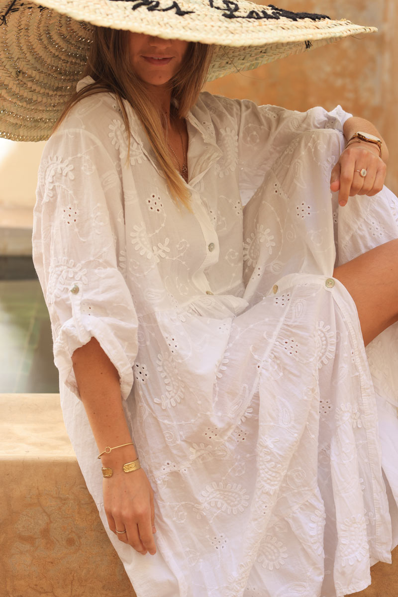 White cotton button through midi dress with paisley embroidery