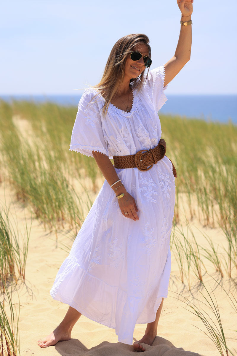 White maxi dress with paisley and flower embroidery