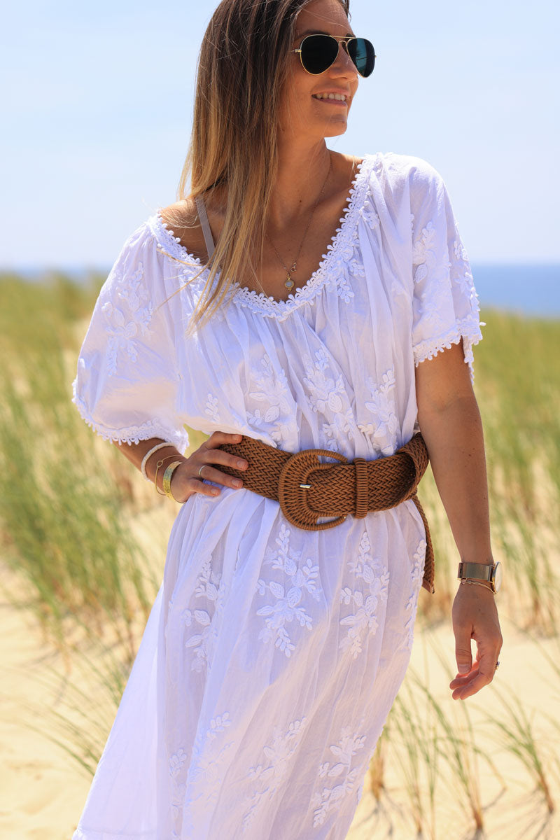 White maxi dress with paisley and flower embroidery