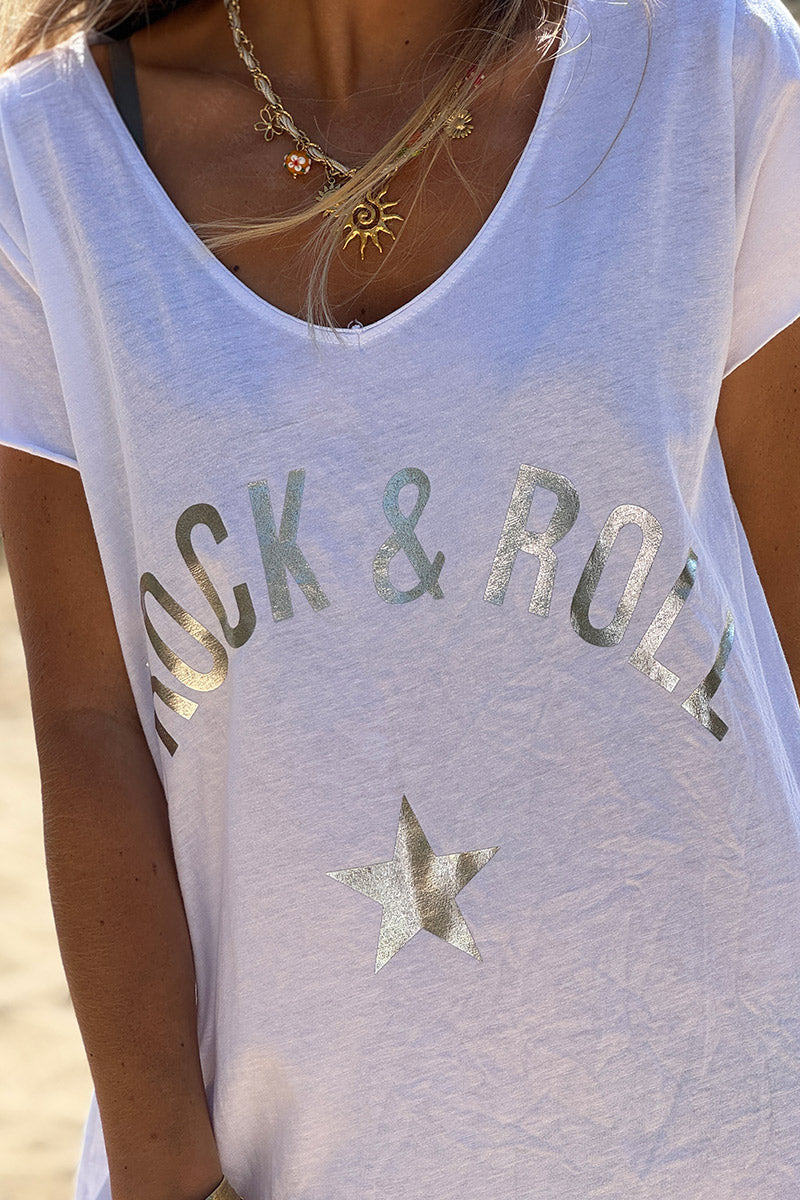 Robe longue blanche en coton rock and roll