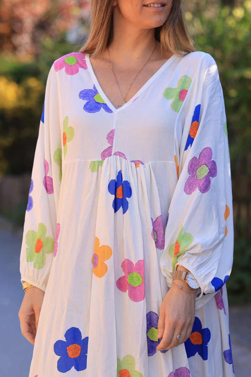 White floaty maxi dress with floral multicolour print