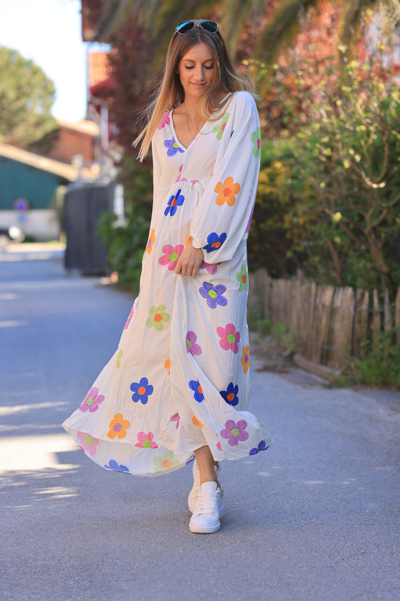 White floaty maxi dress with floral multicolour print