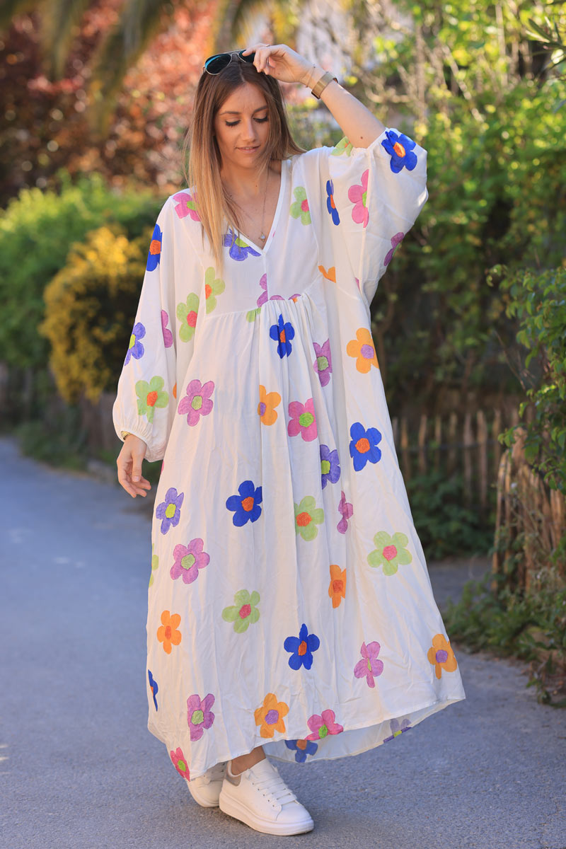 White floaty maxi dress with floral multicolour print Horizons Lointains