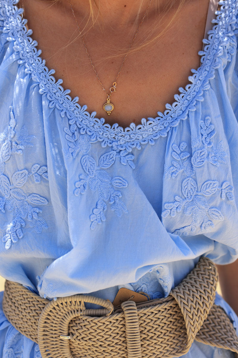 Sky blue maxi dress with paisley and flower embroidery