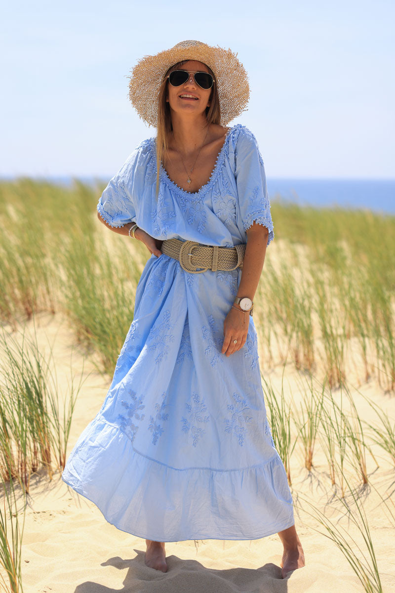 Sky blue maxi dress with paisley and flower embroidery
