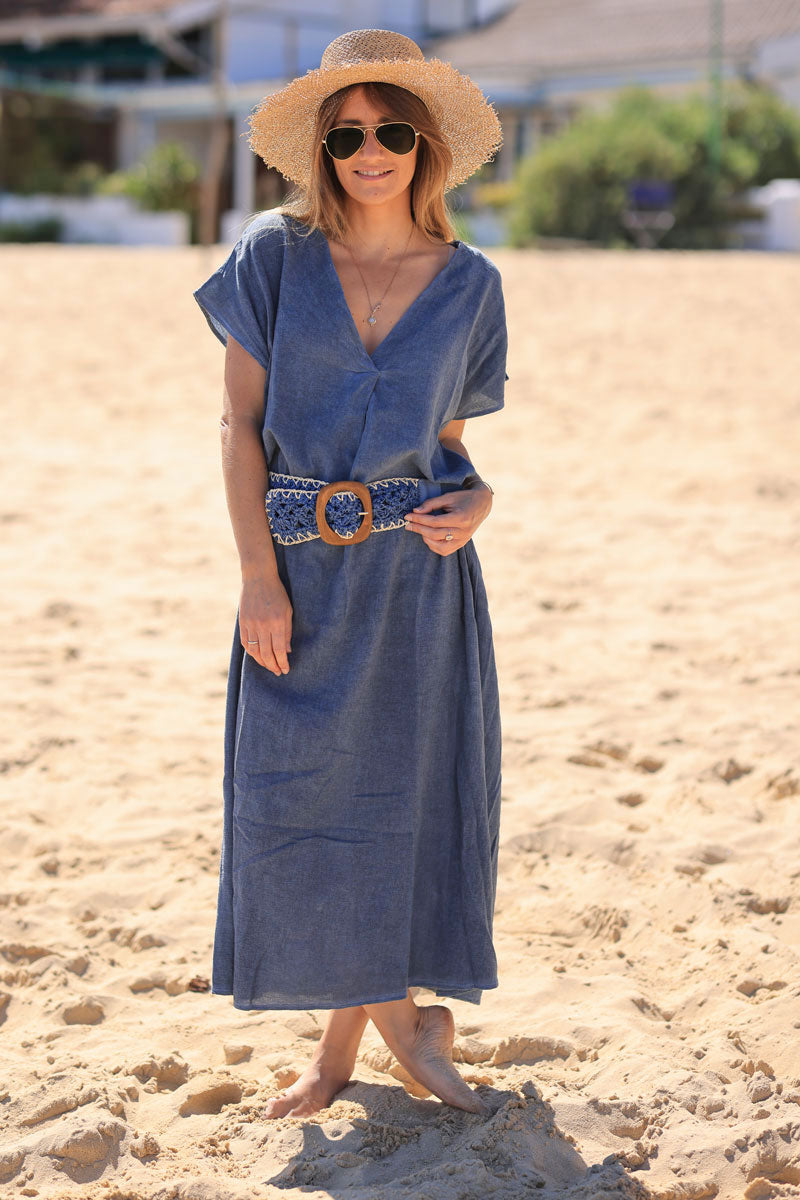 Dusty blue woven v-neck cotton maxi dress