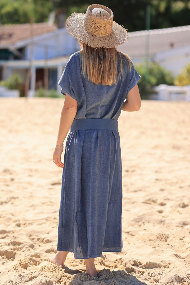 Dusty blue woven v-neck cotton maxi dress