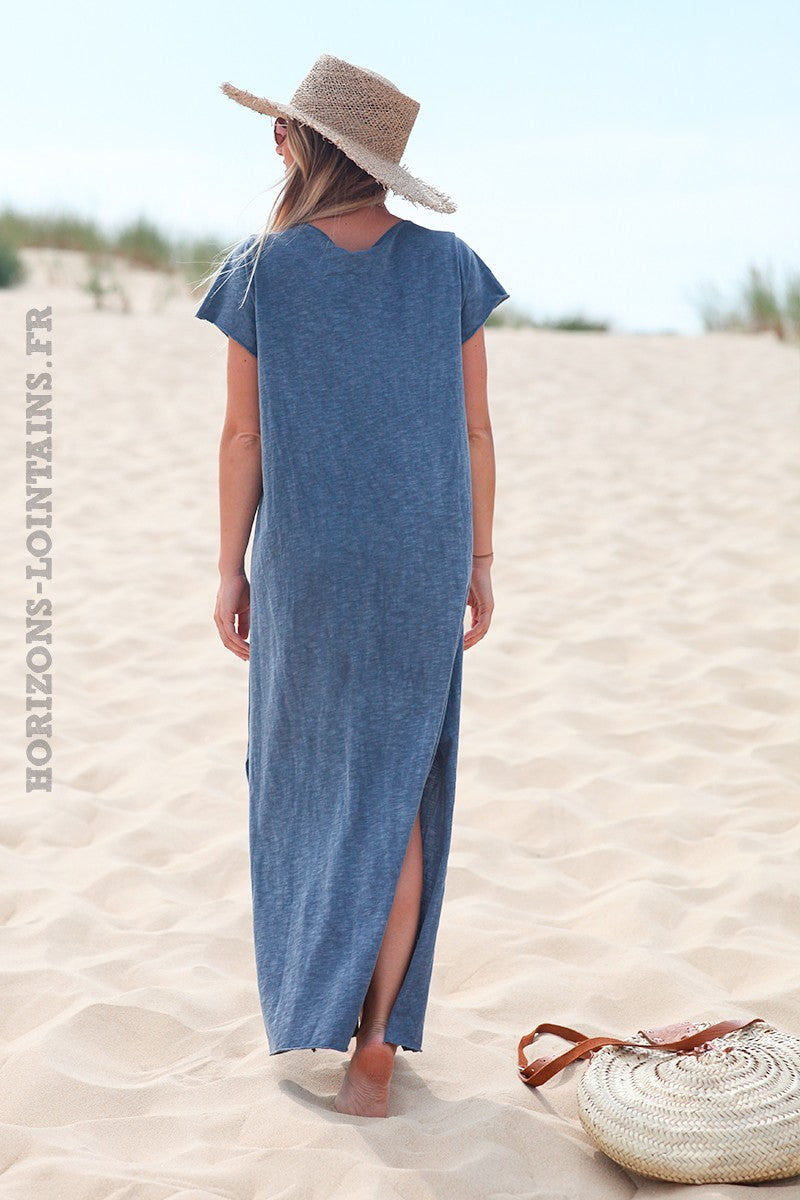 Dusty blue long cotton dress with rock and roll