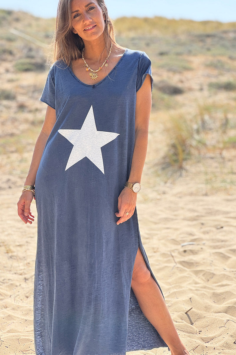 Robe longue bleu marine en coton grande étoile