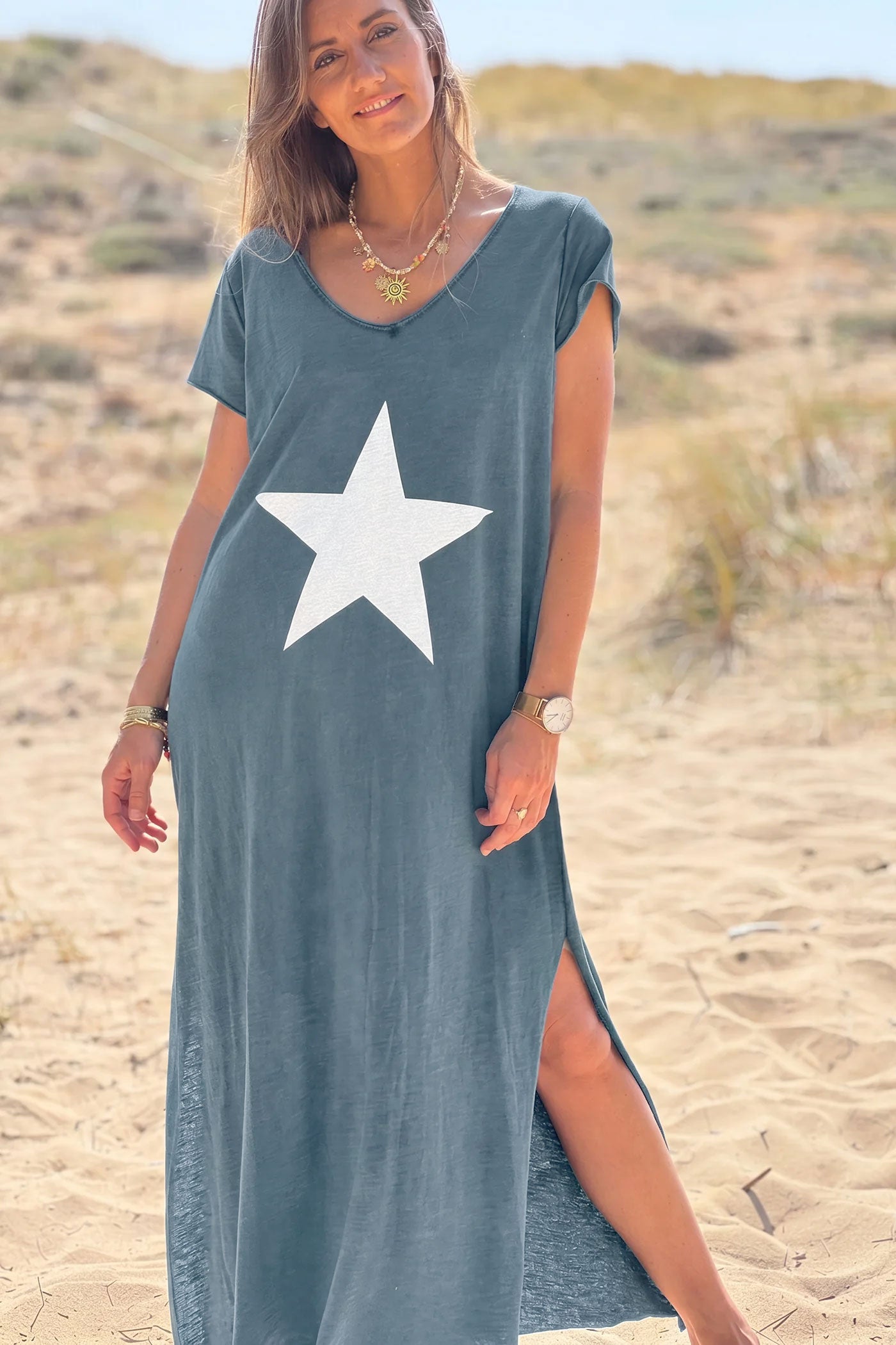 Navy Blue star t-shirt maxi dress