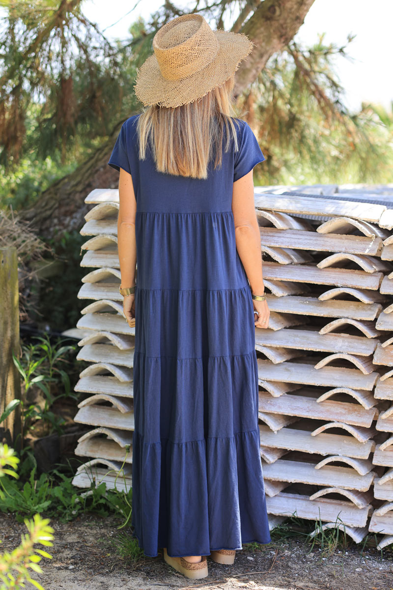 Navy blue v-neck cotton maxi dress