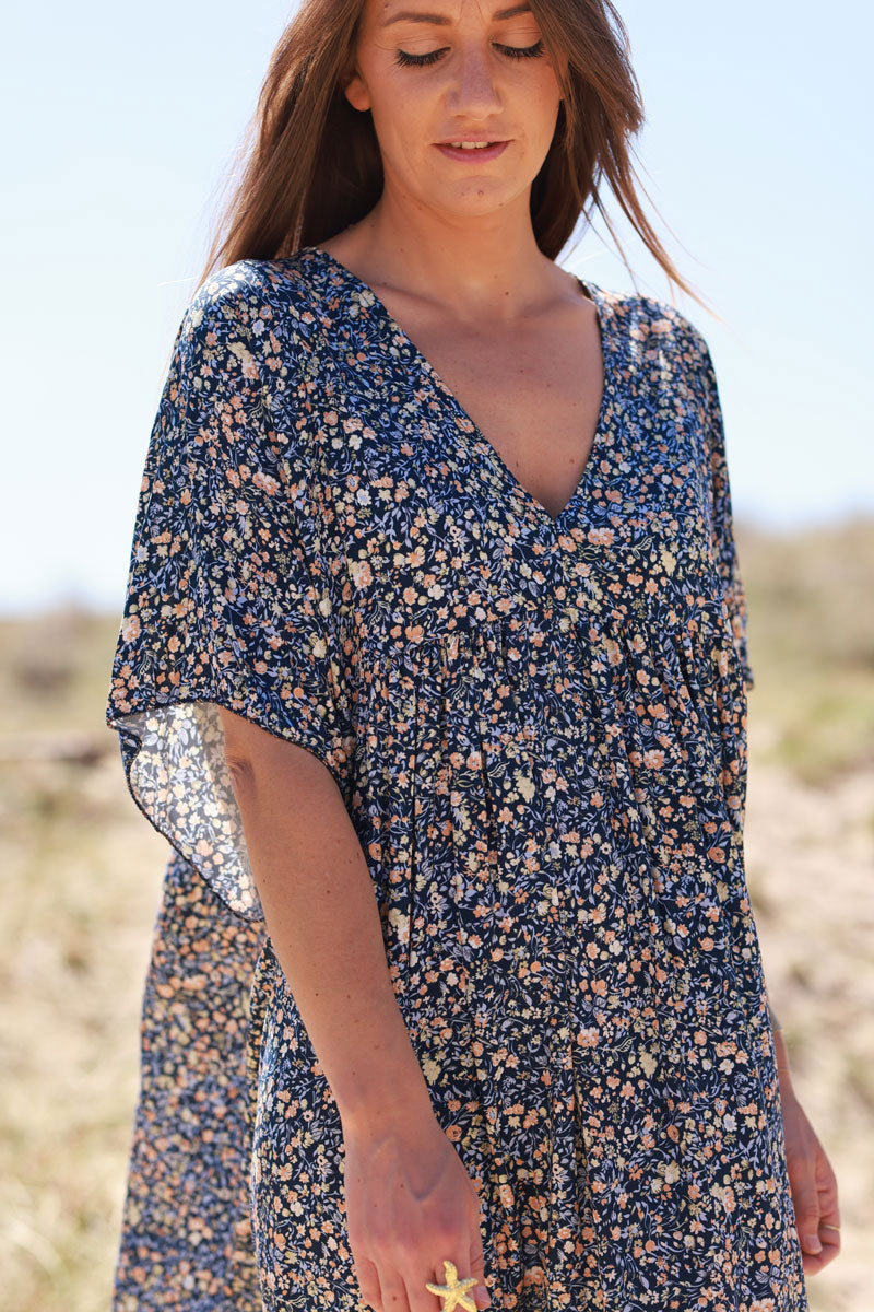 Robe longue bleu marine fluide col V manches courtes imprimé liberty