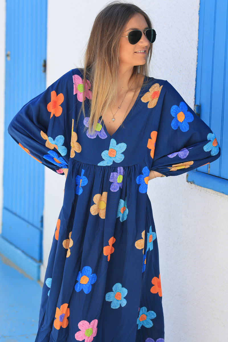 Navy blue floaty maxi dress with floral multicolour print