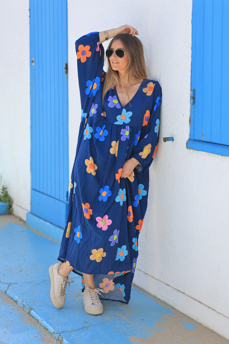 Navy blue floaty maxi dress with floral multicolour print