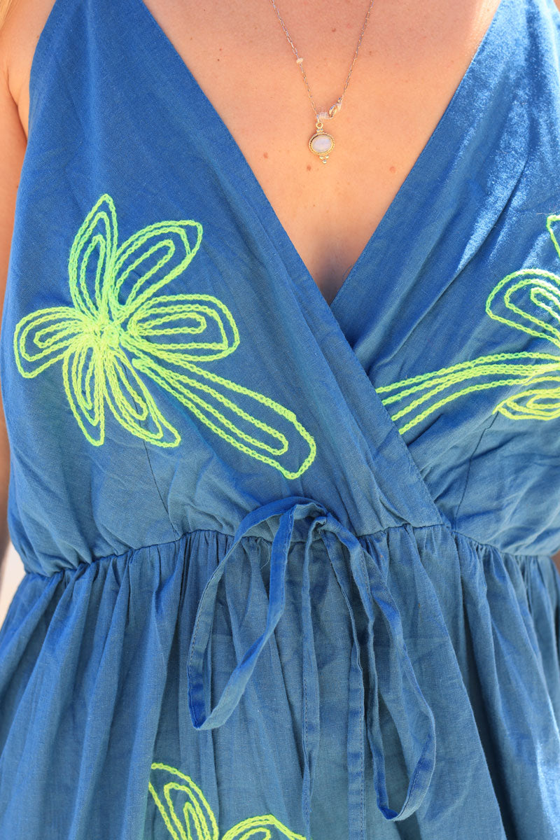 Petrol blue strappy maxi dress with yellow palm embroidery