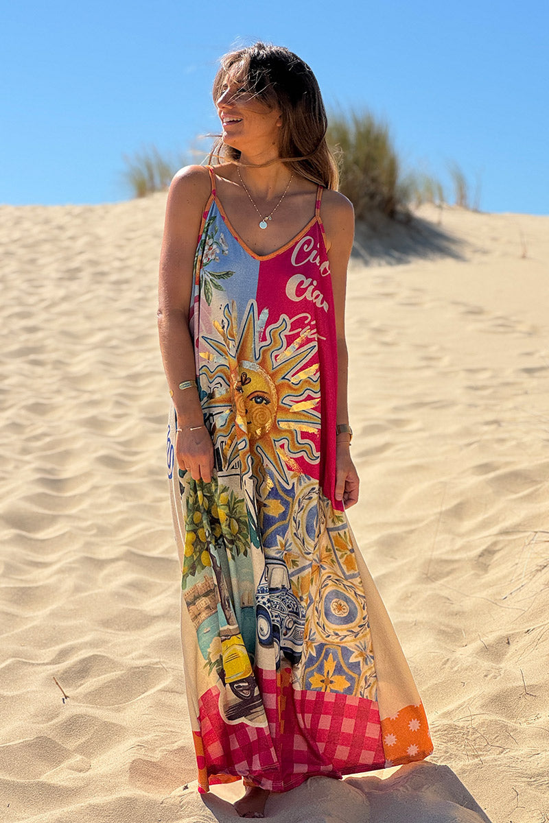 Robe longue brillante à bretelles imprimé soleil vespa jaune Dolce Vita fuchsia