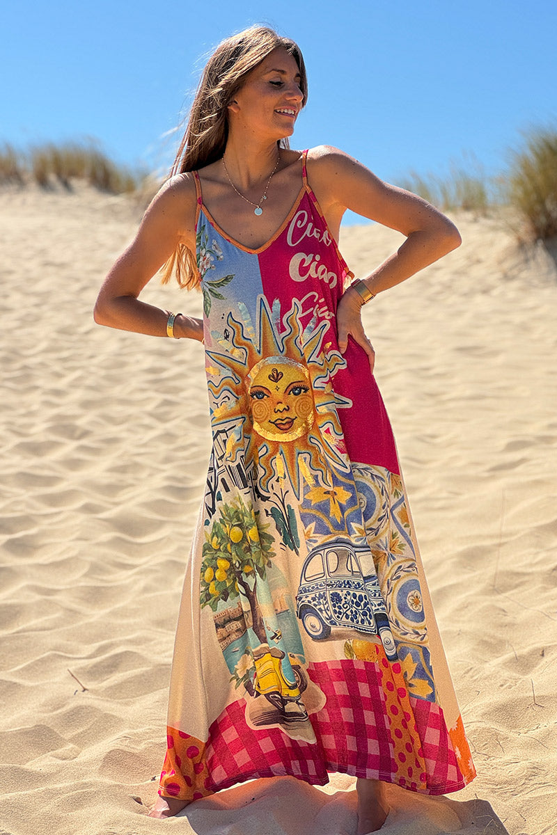 Robe longue brillante à bretelles imprimé soleil vespa jaune Dolce Vita fuchsia