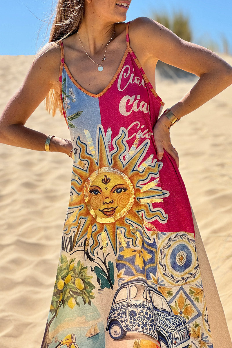 Robe longue brillante à bretelles imprimé soleil vespa jaune Dolce Vita fuchsia