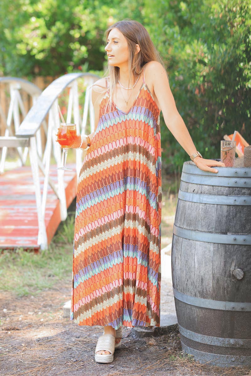 Floaty metallic maxi dress with colorful chevron print