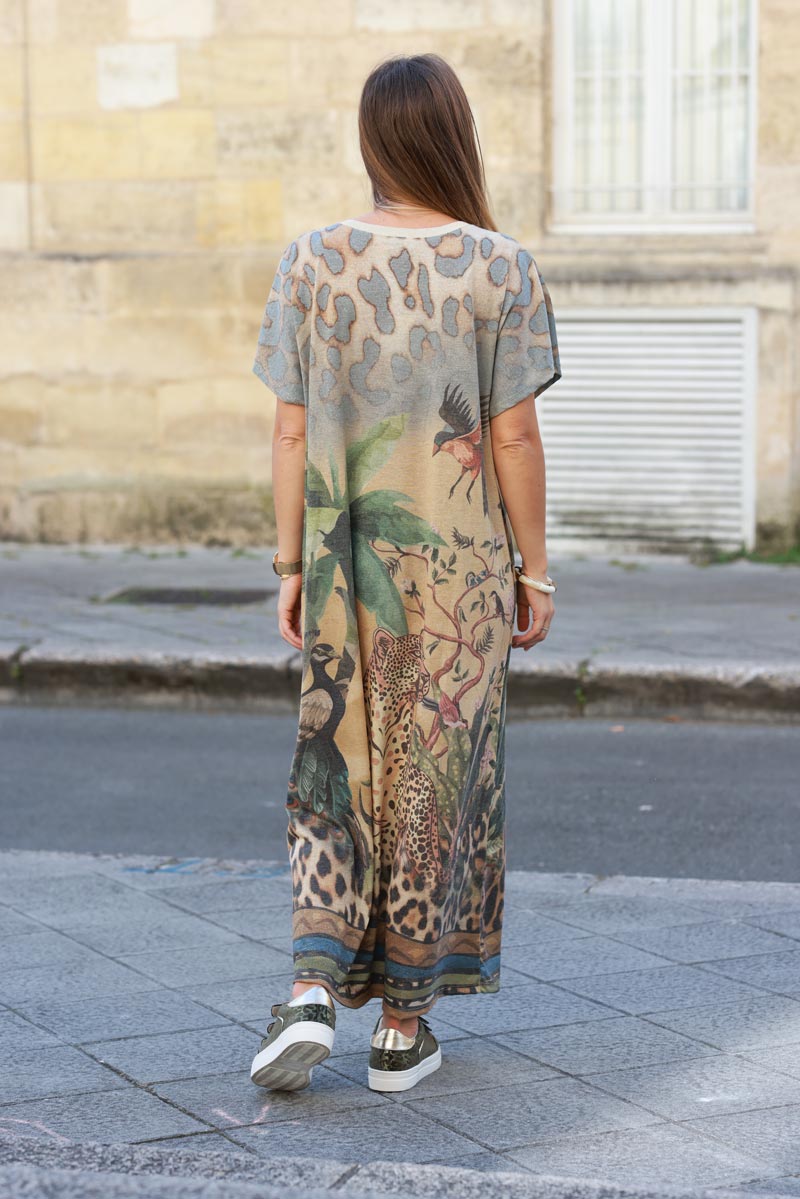 Maxi t-shirt dress with jungle leopard, palm and parrot print