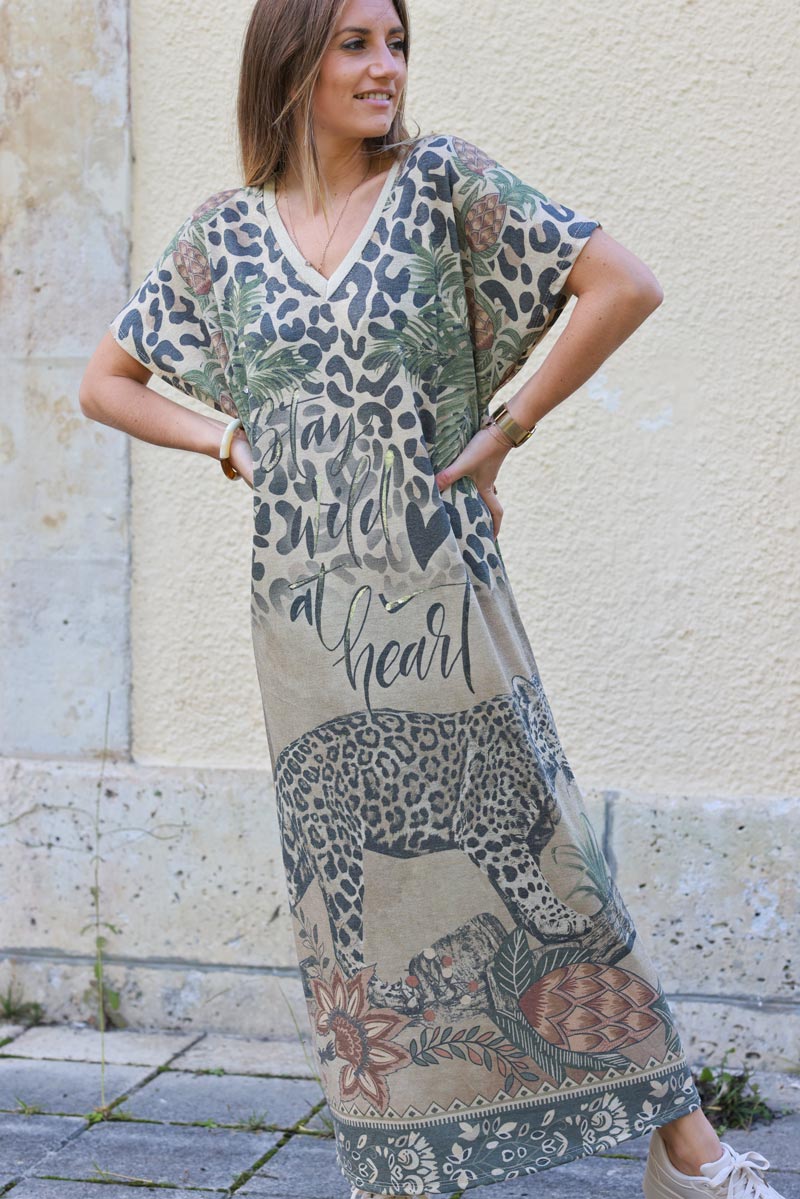 V-Neck Jungle Print Caftan Dress