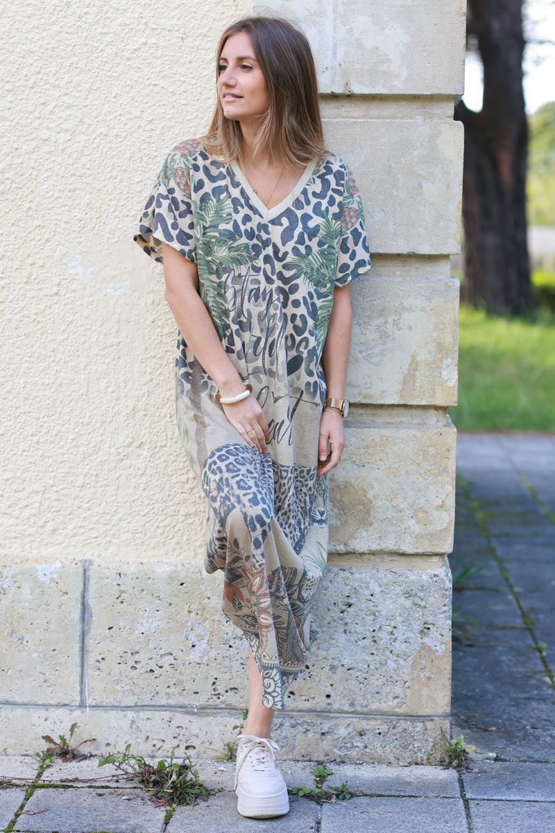 Vestido largo con cuello en V y estampado de palmeras de leopardo brillante Stay Wild