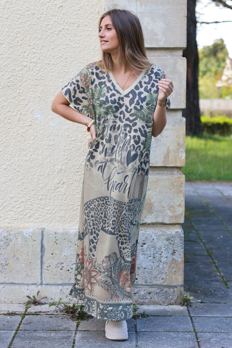 Robe longue brillante col v imprimé palmiers léopard Stay Wild