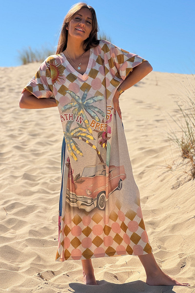 Robe longue brillante et large imprimé Cadillac palmiers Happy Breath