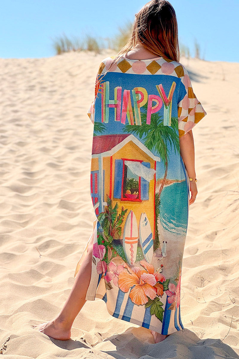 Robe longue brillante et large imprimé Cadillac palmiers Happy Breath