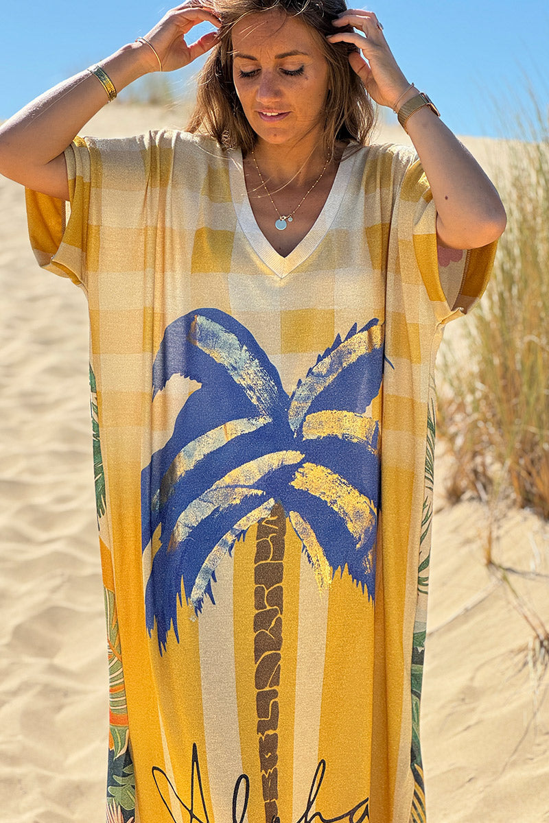 Robe longue brillante et large imprimé carreaux et rayures jaune palmier Aloha Trust