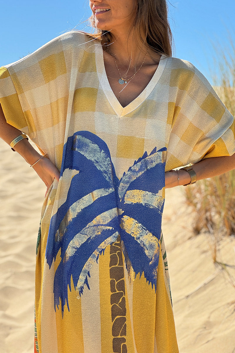 Robe longue brillante et large imprimé carreaux et rayures jaune palmier Aloha Trust