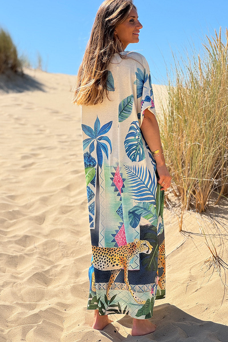 Robe longue brillante et large imprimé léopard feuilles bleues et perroquet coloré