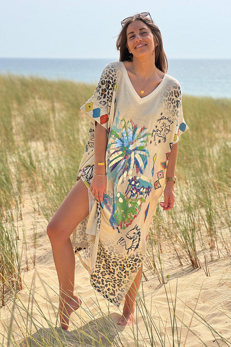 Beige Glitter Knit Tropical Watercolor Maxi Dress