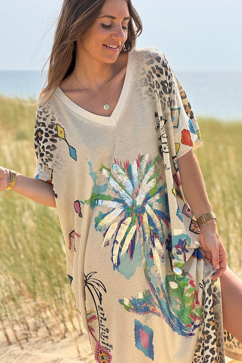 Beige Glitter Knit Tropical Watercolor Maxi Dress