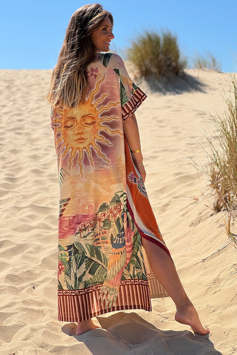 Robe longue brillante et large imprimé soleils rayures camel
