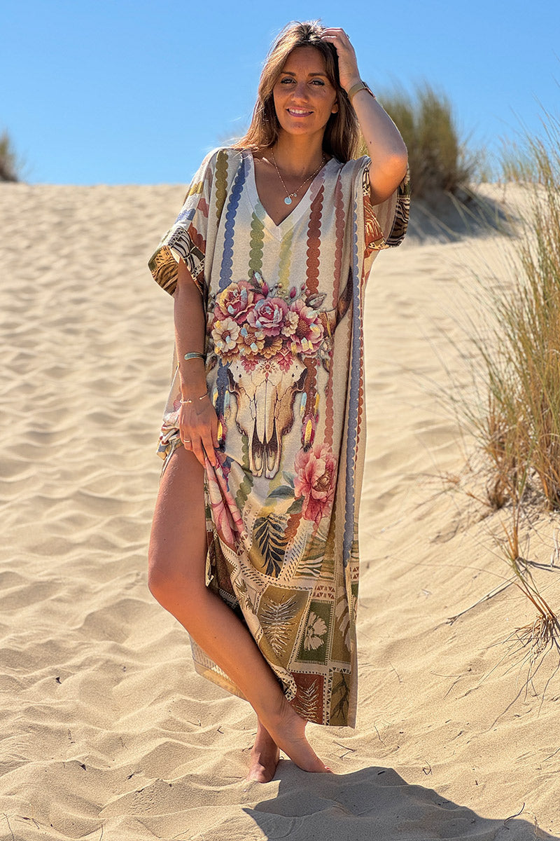 Beige Glitter Knit Western Rose Striped Caftan