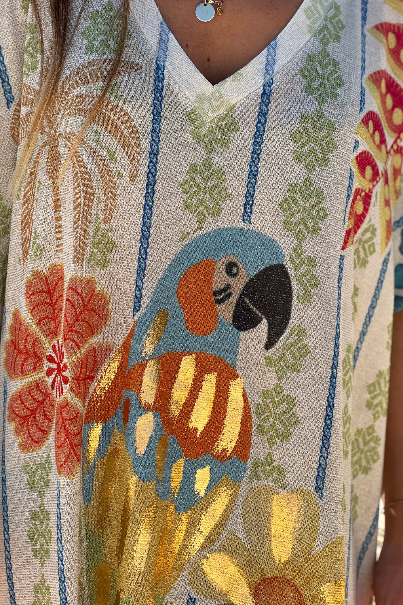 Ivory Pretty Parrot Glitter Knit Caftan
